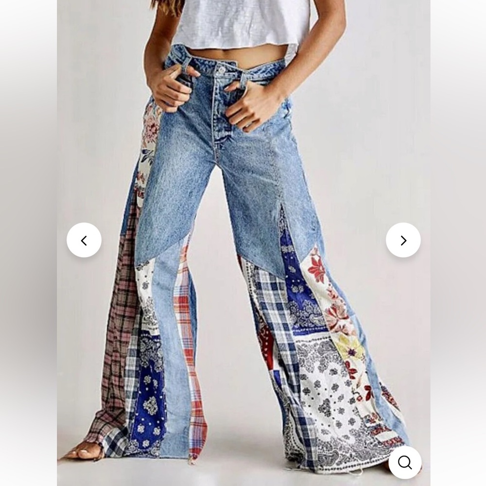 NWT URSIME Boho Patchwork Denim High Rise Retro Flare Jeans size 4XL